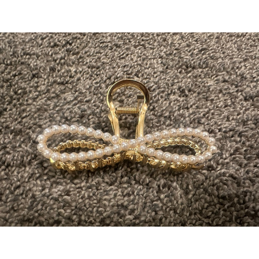 Gold White Pearl Bow Hair Claw Clip